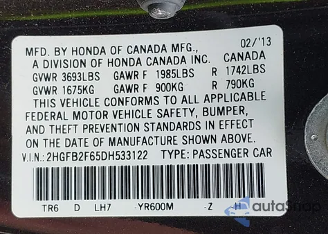 2013 Honda Civic Hf from USA, damaged, VIN 2HGFB2F65DH533122